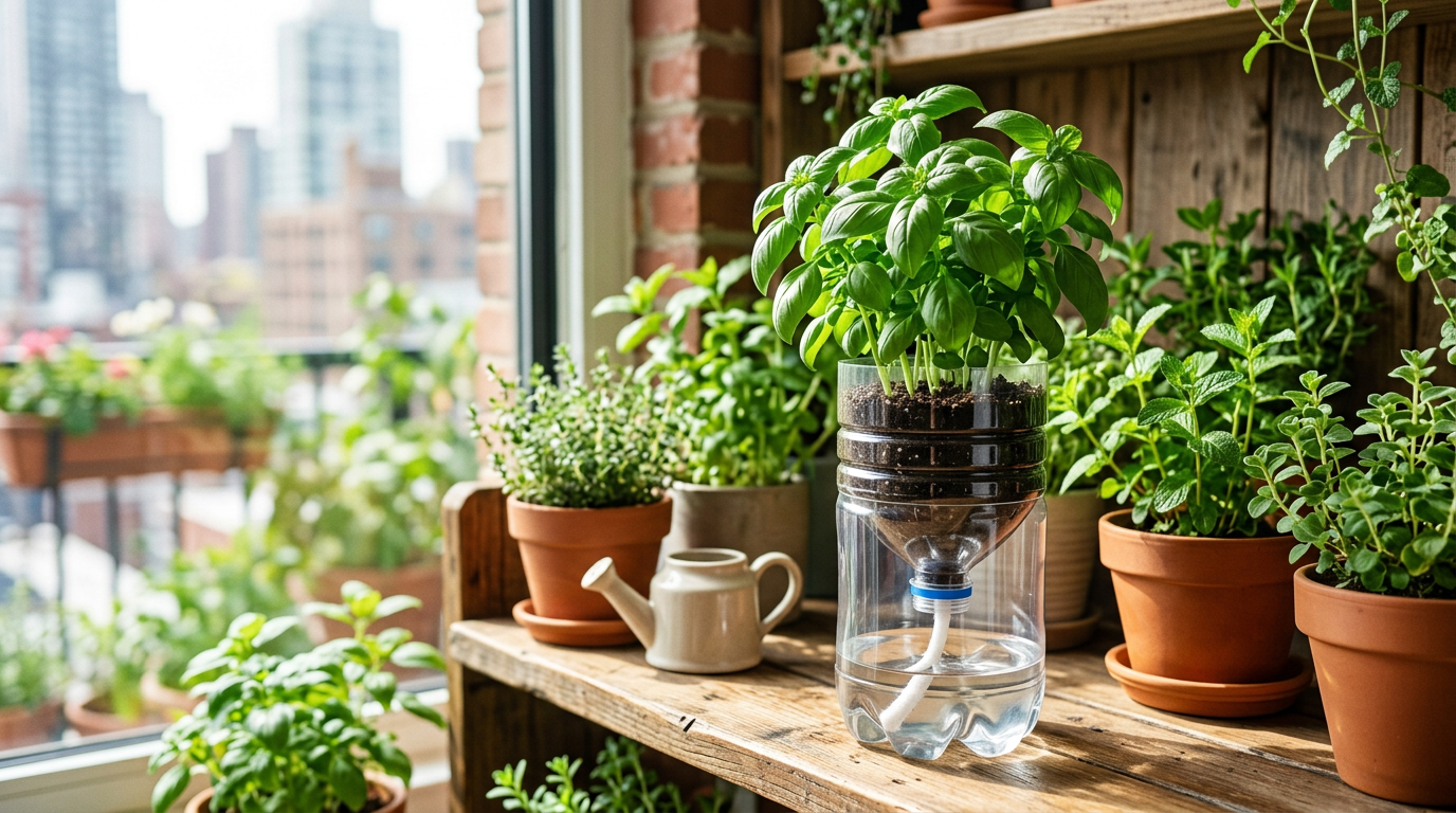 DIY self-watering planter from recycled bottles
