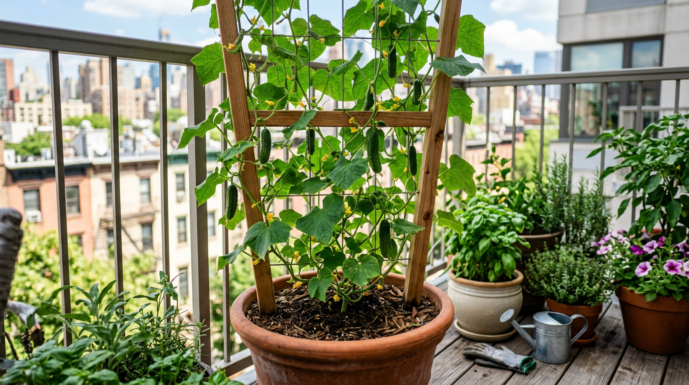 How to grow cucumbers in pots on a balcony (trellis method)